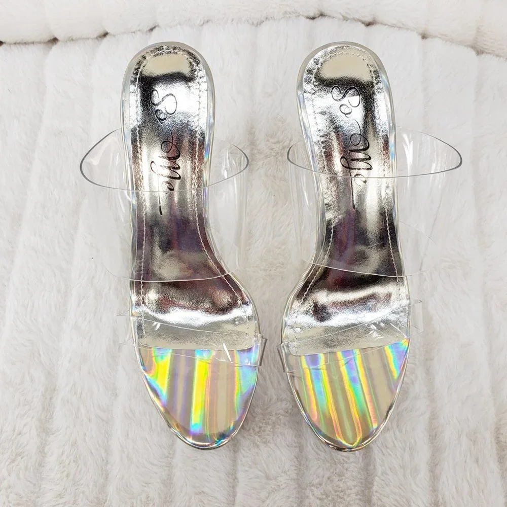 Sky Gold Hologram Clear Double Strap Upper & Platform 6" Heels Slides_2